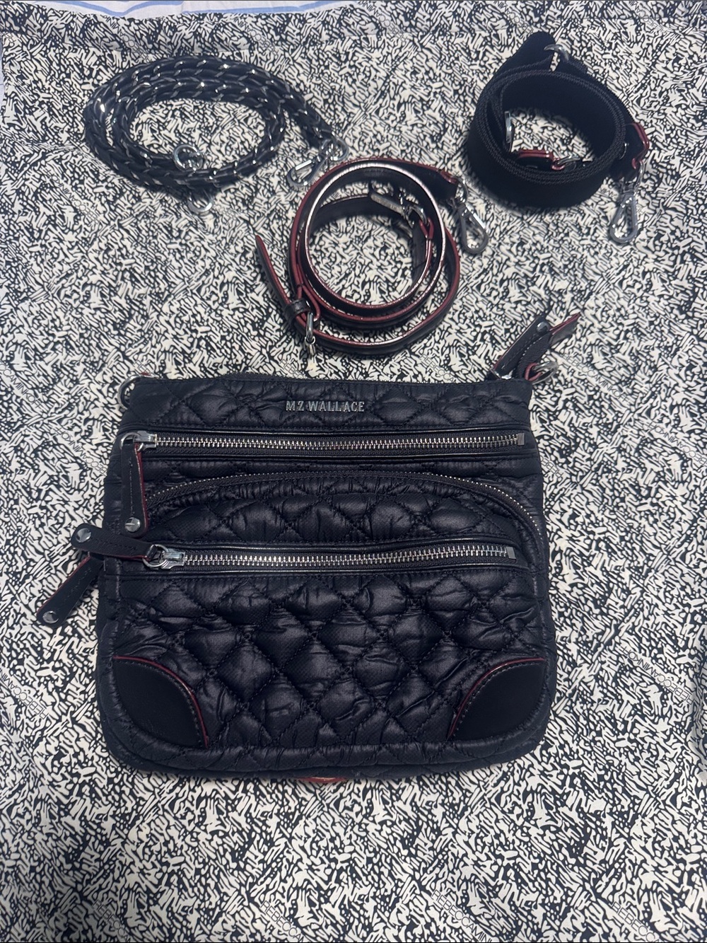 MZ WALLACE Downtown Crosby Crossbody Black Quilted Nylon Multi-Zip